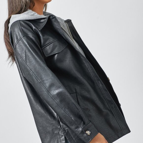 MYSTREE TWOFER HOODIE FAUX LEATHER JACKET - Picture 6 of 8